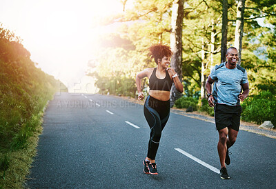 Buy stock photo Man, woman and running on mountain for fitness, exercise and together for wellness or cardio. Sunshine, couple and happy in nature for health, support and performance for marathon training in morning