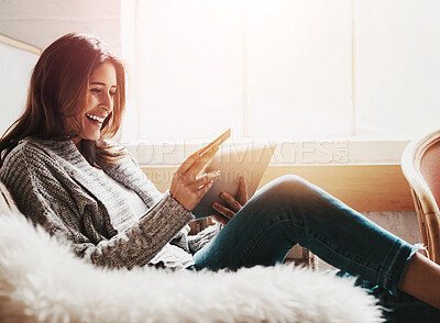 Buy stock photo Smile, tablet and credit card with an ecommerce woman on a sofa in the living room of her home. Online shopping, finance and fintech banking with a happy young female online customer in her house