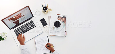 Buy stock photo Person, hands and top view of desk with laptop or creative web designer for beauty, notebook or brainstorming. Fingers, keyboard and writing for social media or small business, sales or cosmetics