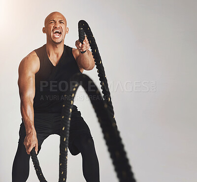 Buy stock photo Fitness, black man and rope in studio, energy and gym with training, exercise and workout for sports. Grey background, body builder and goals for health, sportswear and muscle, athlete and person