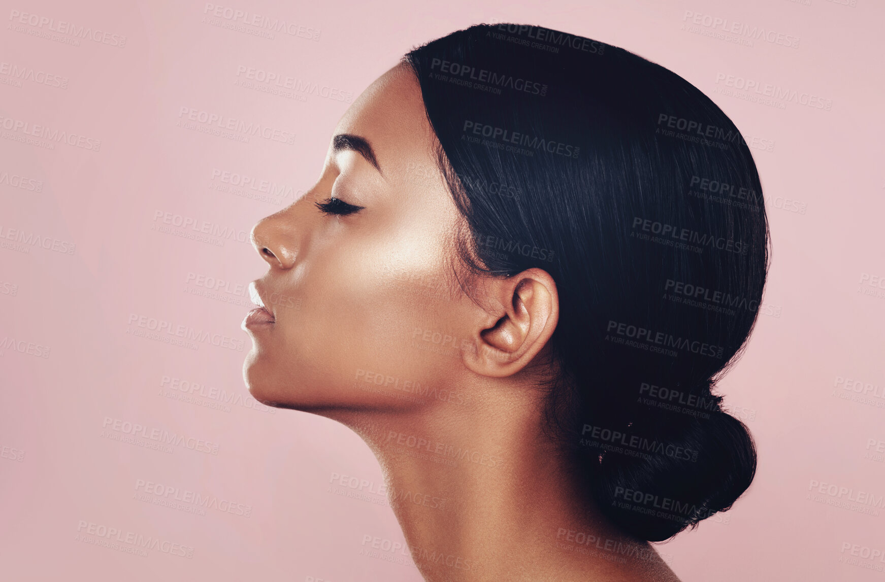 Buy stock photo Makeup, beauty and face of Indian woman for skincare, facial or wellness treatment or dermatology, spa or cosmetics in studio. Girl, selfcare or luxury mockup or isolated profile with skin confidence