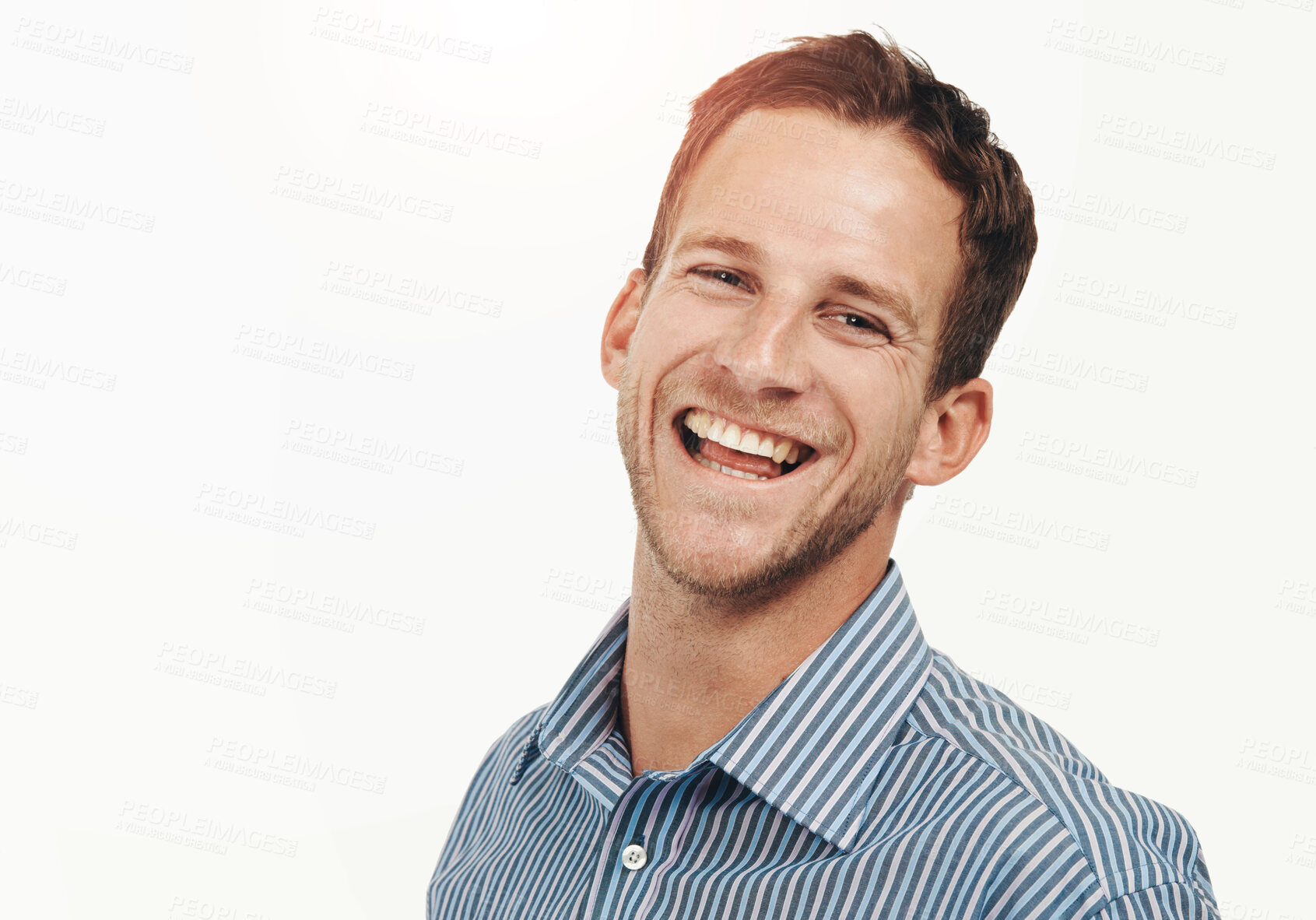 Buy stock photo Portrait, laughing and funny businessman in studio on white background in Australia. Happy male model, corporate manager and smile of comedy, comic or worker success in leadership, management or face