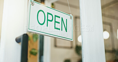 Buy stock photo Open, sign and cafe with glass door for welcome, small business or ready for service. Closeup of hanging billboard, poster or signage of startup notice by entrance at indoor restaurant or coffee shop