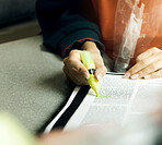 Hand, study highlight and student with a textbook closeup in a home for education, learning or growth. Paper, writing and school with a person reading information at a desk for university scholarship