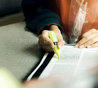 Buy stock photo Hand, study highlight and student with a textbook closeup in a home for education, learning or growth. Paper, writing and school with a person reading information at a desk for university scholarship