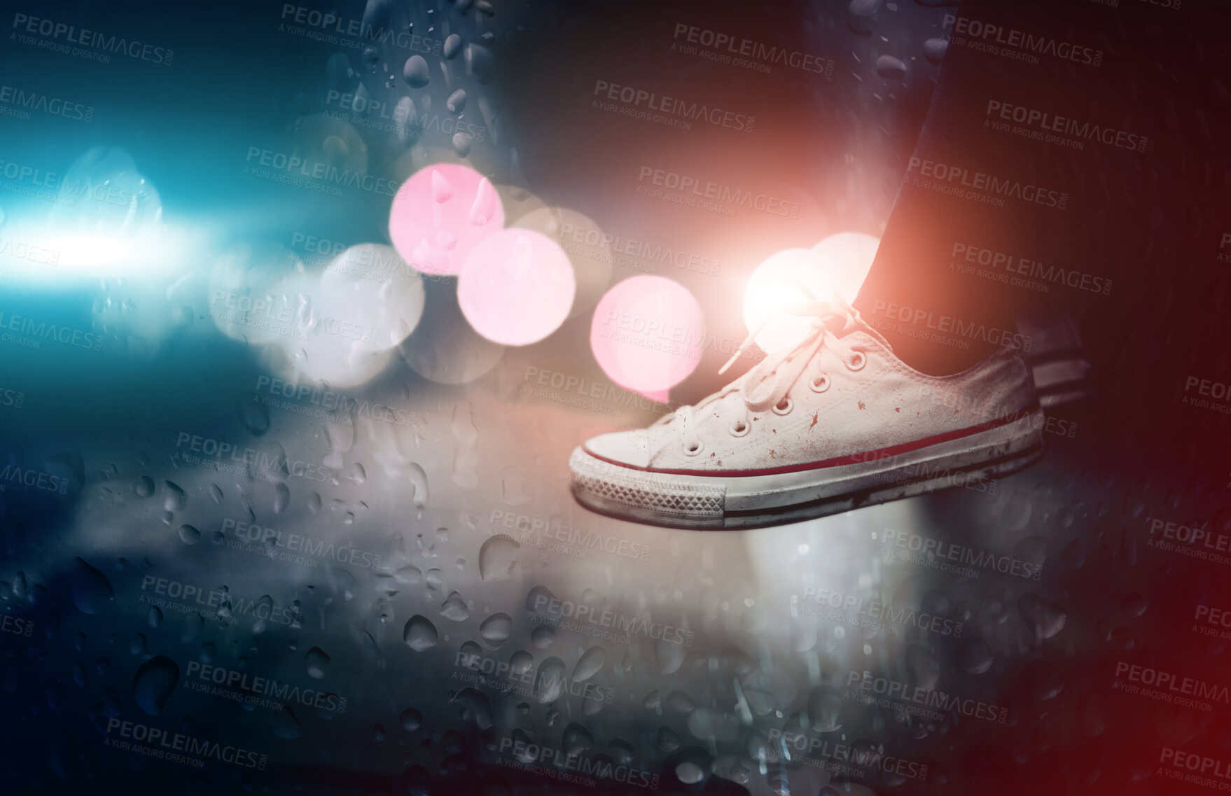 Buy stock photo Closeup, monochrome and sneakers outdoor, city and lights with creativity, road and artistic. Zoom, person or model with shoes, street and grey with footwear, night or creative with fashion or travel