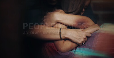 Buy stock photo Abused woman embracing her frightened daughter