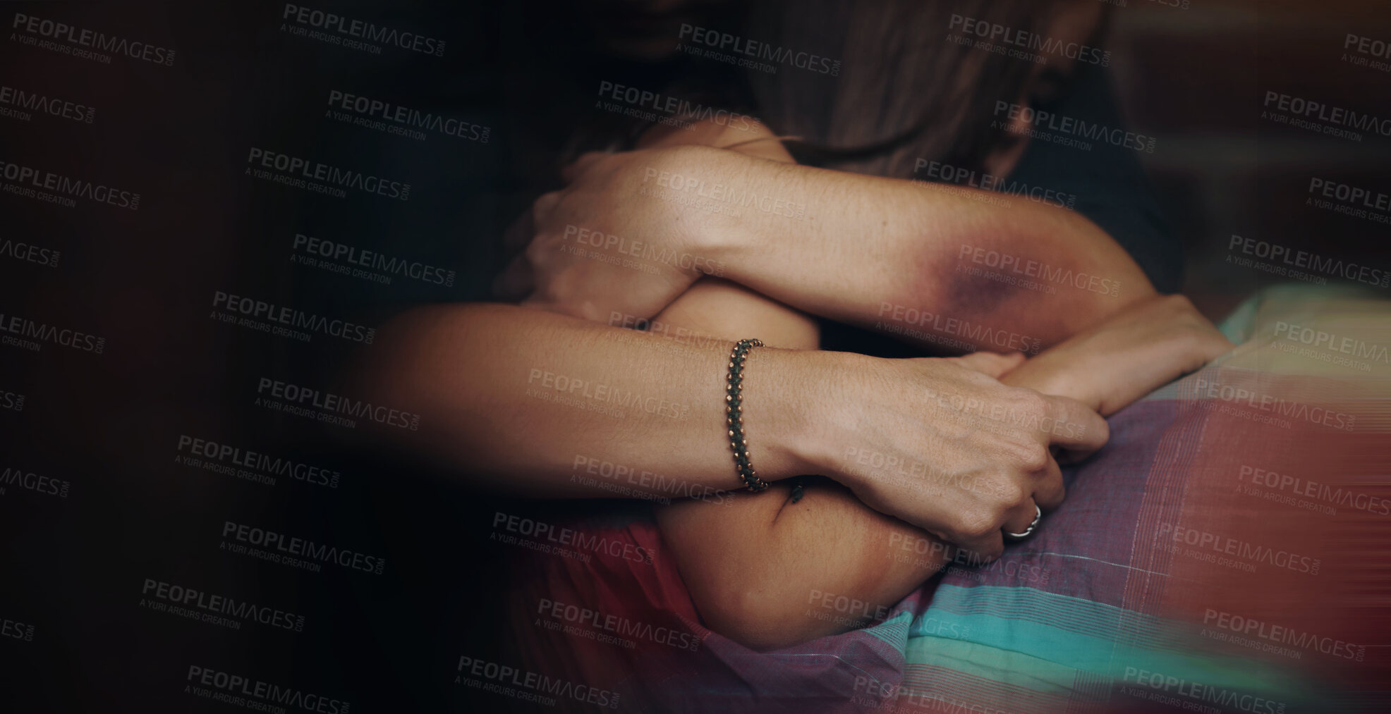 Buy stock photo Abused woman embracing her frightened daughter