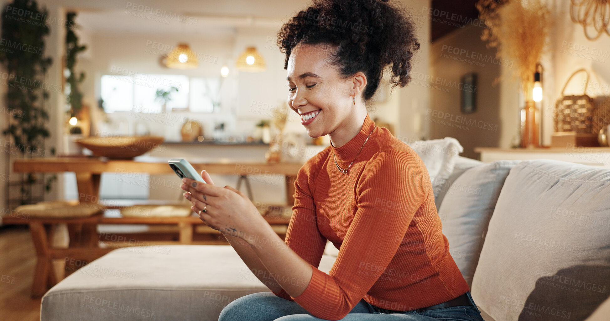 Buy stock photo Home, relax and woman on couch, cellphone and typing with smile, connection and social media. Apartment, person and girl with smartphone, contact and mobile user with internet, online game and app