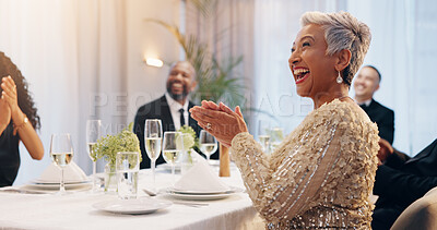 Buy stock photo Applause, champagne and people at dinner party for celebration, social event and gathering. Glass, drinks and men and women with liquor for cheers, toast and speech at gala, new years eve or wedding