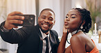 Selfie, happy and black couple at luxury event for love celebration or commitment ceremony. Smile, wedding and African man and woman with photography picture for bonding at fancy marriage reception.