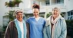 Senior, women and nurse with portrait at assisted living for healthcare support, medical wellness and happy. Elderly, people or together with caregiver outdoor at retirement home for garden fresh air