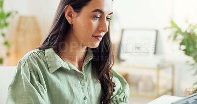 Buy stock photo Business woman, office and thinking at desk with working, planning and creative work at startup. Writer, project and ideas for article with reading and journalist employee at content creation agency