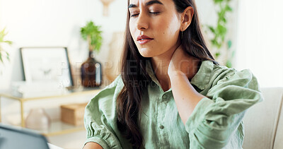 Buy stock photo Frustrated woman, stress or injury with neck pain for overworked or strain at office. Young, female person or employee with sore spine or ache in burnout, fatigue or pressure for bad posture or cramp