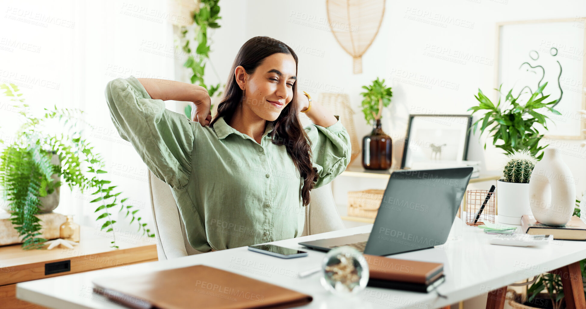 Buy stock photo Smile, stretching and woman at desk in home office with research, achievement and deadline for freelance project. Remote work, relax and happy consultant at laptop with good news, email and success