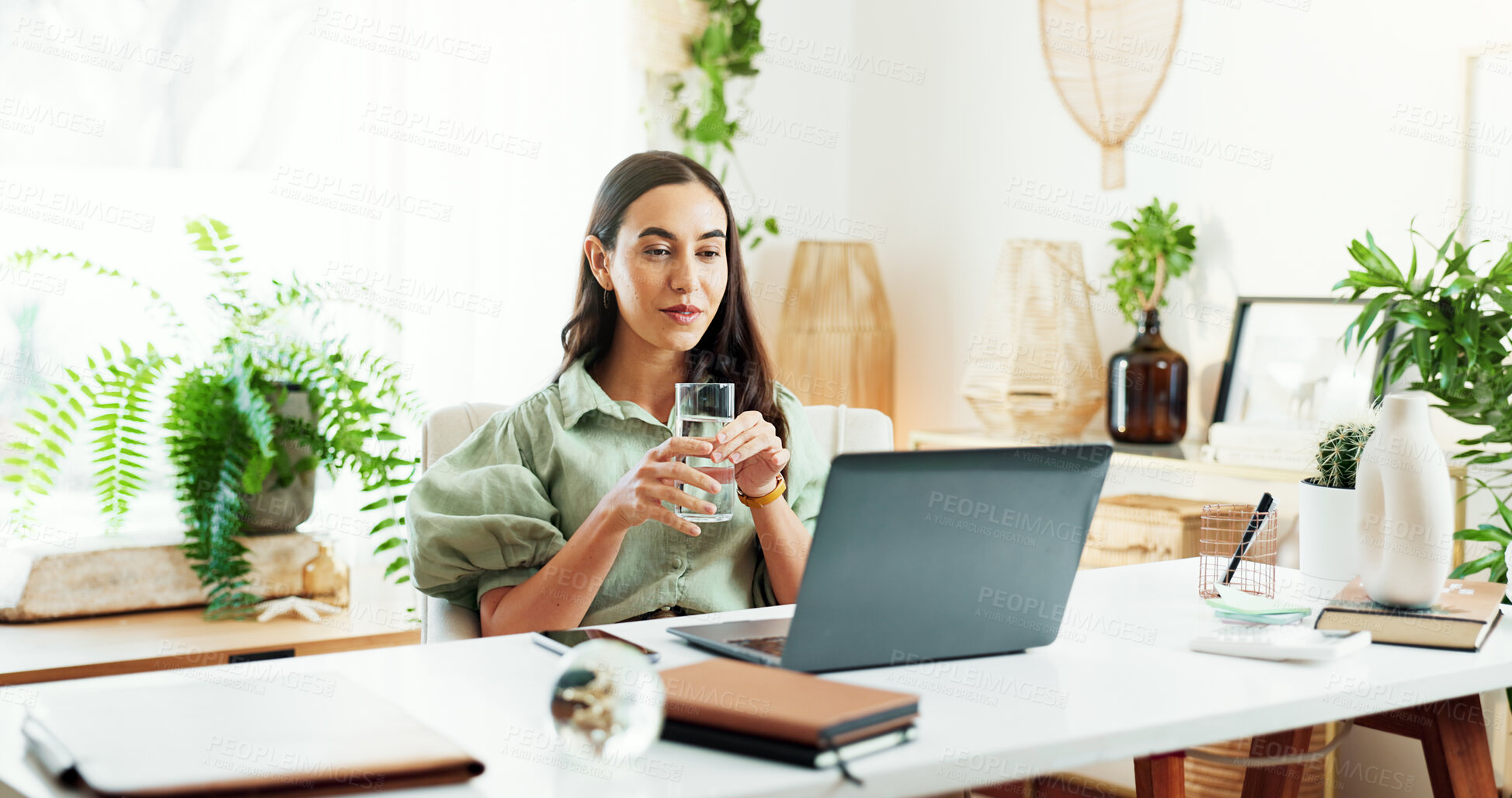 Buy stock photo Water, glass and woman at laptop in home office for research, review and business plan for freelance project. Remote work, relax and consultant at desk with drink, computer and reading online article