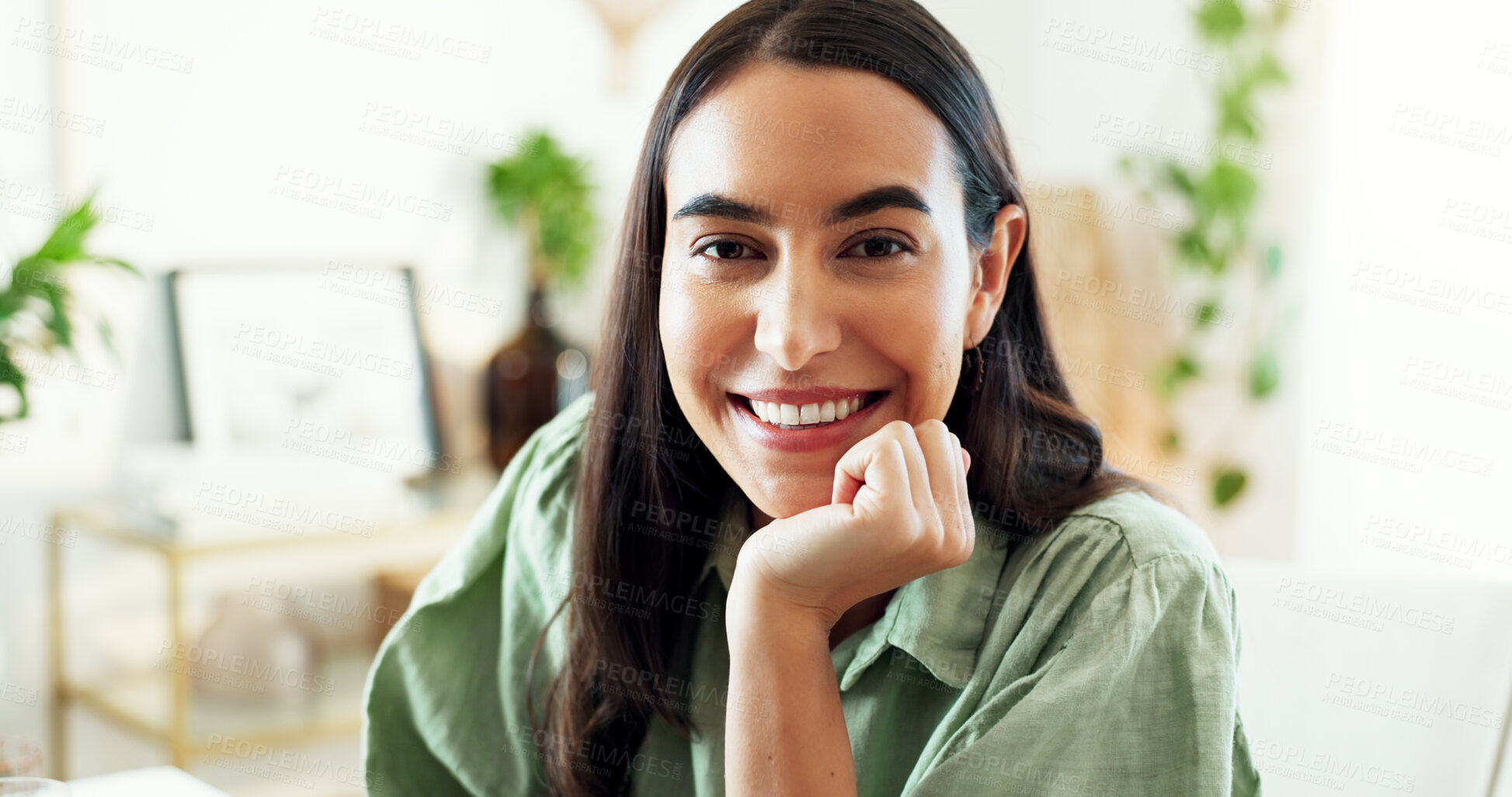 Buy stock photo Portrait, girl and relax with smile at house for comfortable weekend, calm morning and living room. Happy, woman and student rest on couch in lounge for school break, peace wellness and carefree joy