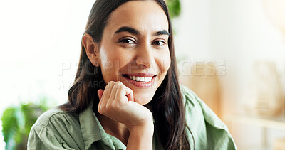 Buy stock photo Portrait, woman, and relax with smile at house for comfortable weekend, calm morning and living room. Happy, girl and student rest on couch in lounge for school break, peace wellness and joy