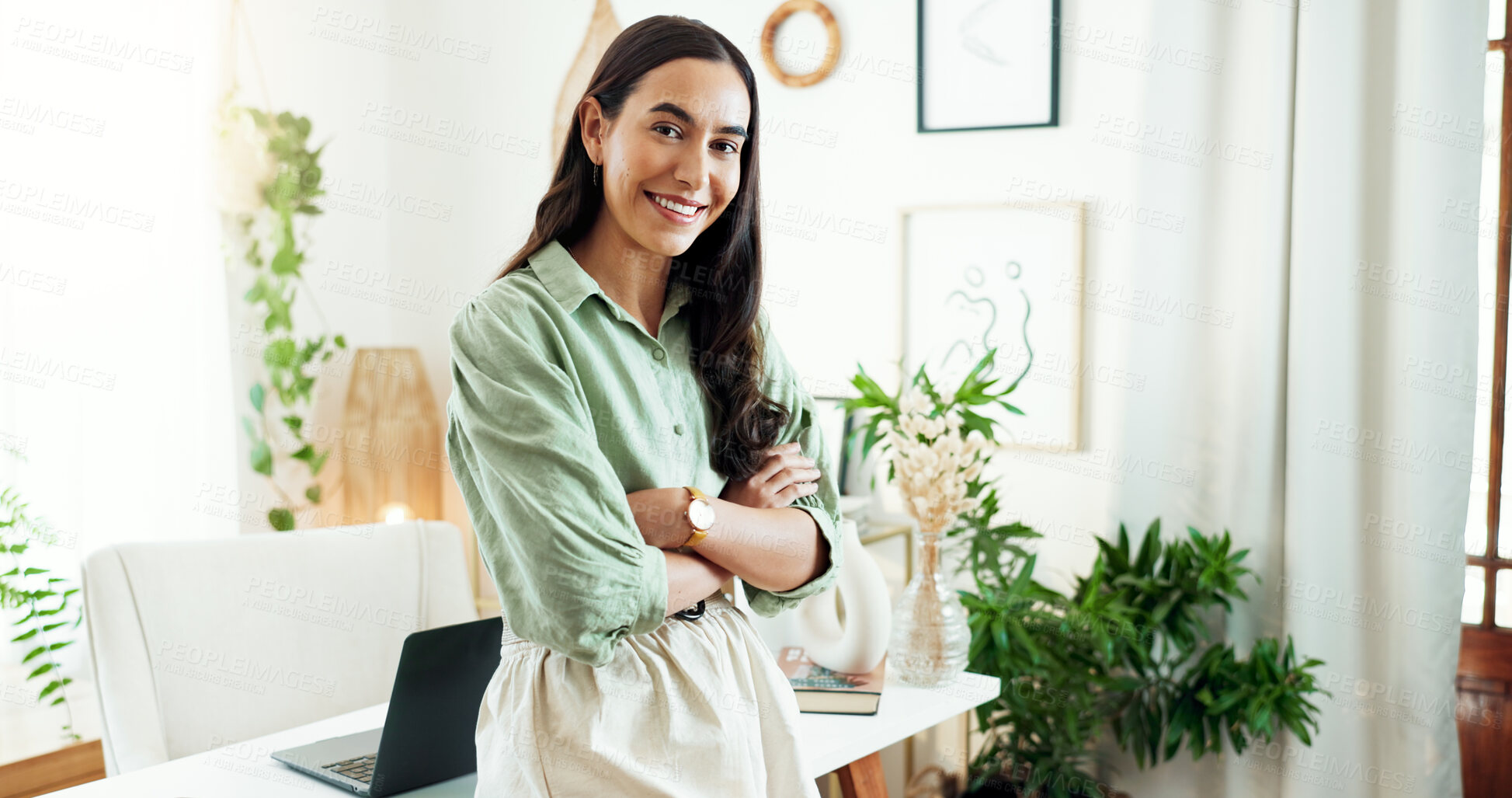 Buy stock photo Relax, confidence and portrait of woman in home office with pride, opportunity and sustainable business. Remote work, happy and freelance consultant with arms crossed, online project or smile at desk