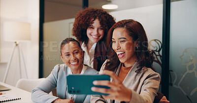 Buy stock photo Employees, women and happy on selfie at office for memories, social media post and profile picture. People, business and smile or excited on work break for bonding, support and unity with teamwork