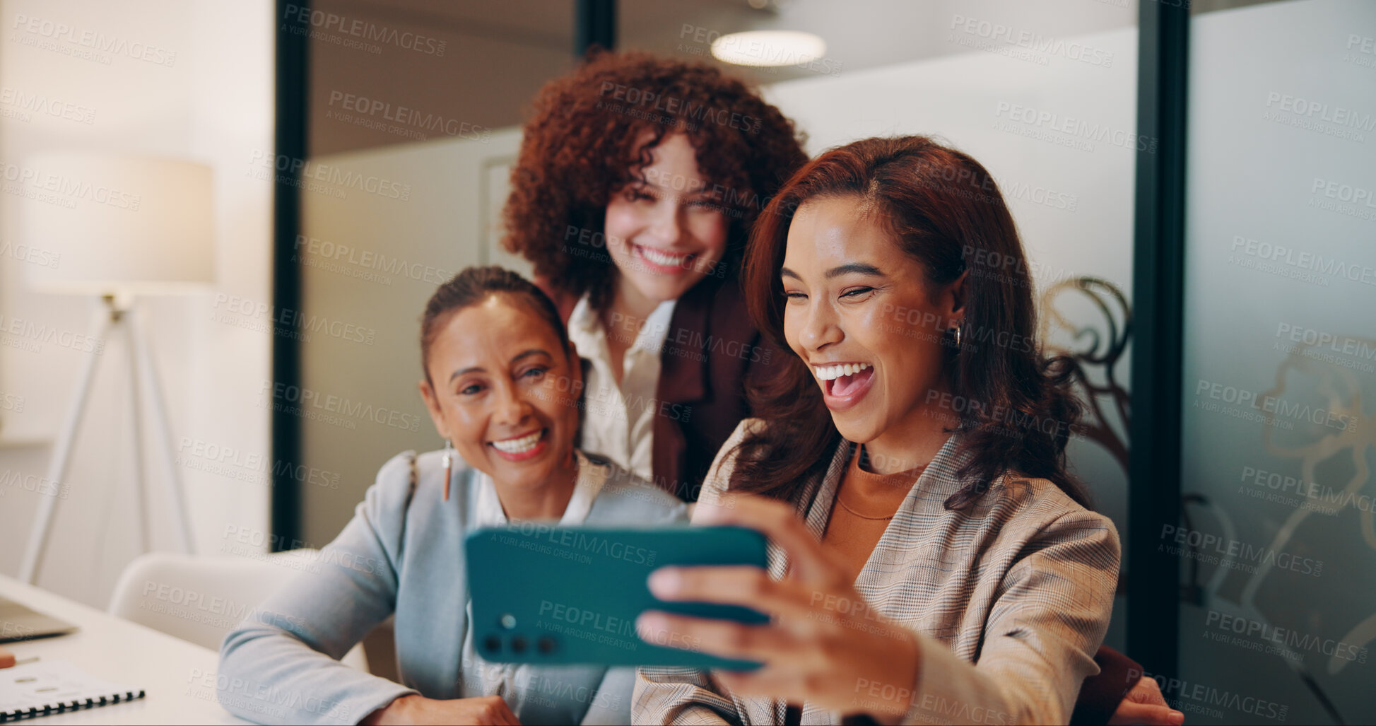 Buy stock photo Employees, women and happy on selfie at office for memories, social media post and profile picture. People, business and smile or excited on work break for bonding, support and unity with teamwork