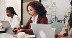 Call center, headset and woman with laptop, support and customer service email. Tech help, telemarketing consultant or communication agent speak to client for advice, faq discussion and business team