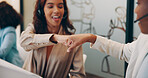 Business women, fist bump and celebration in call center, office or company for success or achievement. Team, motivation and excited for sale, deal or teamwork with colleagues, together and happiness