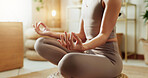 Hands, meditation and woman with yoga at house for fitness, mindfulness development and spiritual. Person, relax and pilates exercise with chakra energy, mental health peace and healing performance