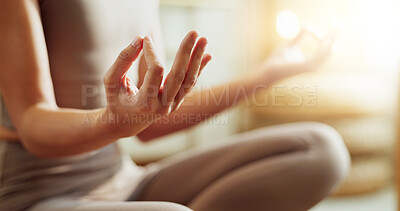 Buy stock photo Meditation, hands and girl with yoga at house for fitness, mindfulness development and spiritual. Woman, relax and pilates exercise with chakra energy, mental health peace and healing performance