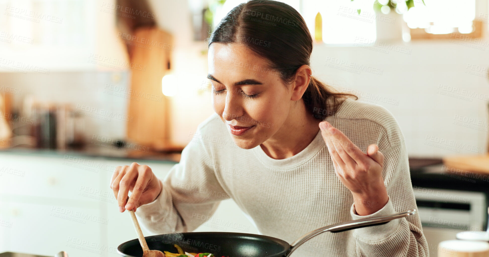 Buy stock photo Woman, aroma and cooking as chef for diet or recipe in home or kitchen with ingredients. Female person, frying pan and gourmet cuisine as creative or nutritionist for meal preparation, dinner or food