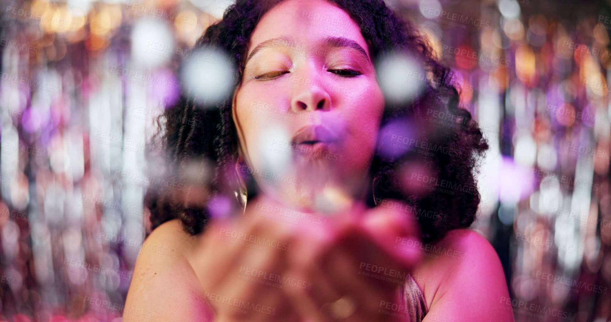 Buy stock photo Portrait, woman and blowing confetti in celebration as gen z for birthday, festival or new years eve. Female person, glitter and happy for party, carnival or disco as content creator for social media