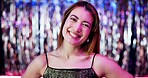 Excited, nightclub and portrait of woman at party with neon lighting for celebration or fun event. Smile, confident and face of female person from Dubai at rave, disco or dj gig for entertainment