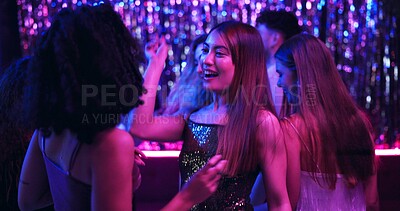 Buy stock photo Dancing, fun and friends in club, night and smile of women, bonding and celebration in weekend or group. Lights, dark and listening to music, dancer and people in rave, disco or festival in New Year