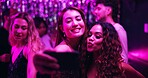 Dancing, selfie and friends in club, night and fun for women, bonding and celebration in weekend or group. Photography, dark and memory of party, smile and profile picture of people, rave or New Year