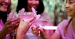 Bachelorette party, toast and cocktails with women at club for bride to be, wedding and night out. Support, bridal shower and hen do with people and drinks for social event, friends and happiness
