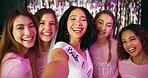 People, selfie and bachelorette at club in portrait, together and group for social media update. Friends, women and photography for memory of celebration at event, hug and weekend profile picture