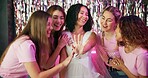 Bachelorette party, wedding ring and surprise with friends at club for bride to be, announcement and night out. Support, bridal shower and celebration with people for social event, women and group