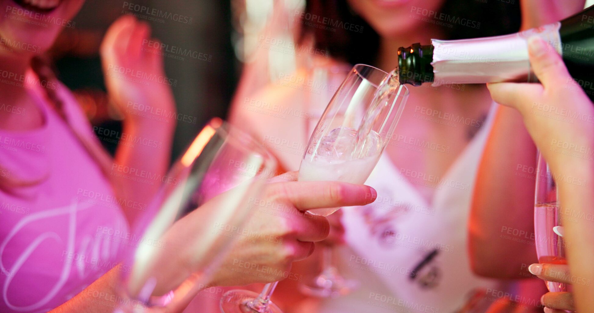 Buy stock photo Bachelorette party, champagne and hands with women at club for bride to be, wedding and night out. Support, bridal shower and hen do with people and drinks for social event, friends and happiness
