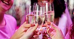 Bachelorette party, champagne and hands with friends and toast for bride to be, wedding and night out. Support, bridal shower and hen do with people and drinks for social event, woman and happiness