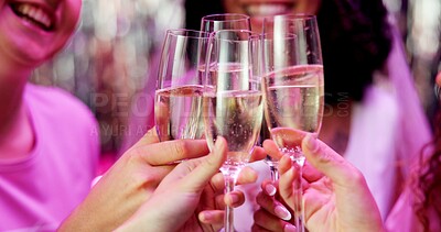 Buy stock photo Bachelorette party, champagne and hands with friends and toast for bride to be, wedding and night out. Support, bridal shower and hen do with people and drinks for social event, woman and happiness