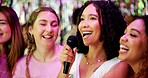 Bachelorette party, karaoke and singing with women at club for bride to be, wedding and night out. Music, bridal shower and hen do with people and microphone for social event, friends and happiness