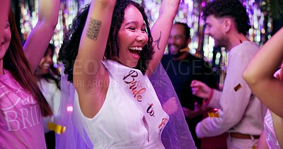 Buy stock photo Bridal shower, music and dance with women at club for bride to be, wedding and night out. Support, bachelorette party and hen do with people for social event, celebration and happiness together
