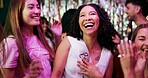 Bachelorette party, celebration and laughing with women at club for bride to be, wedding and night out. Support, bridal shower and hen do with people for social event, friends and happiness together
