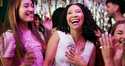 Buy stock photo Bachelorette party, celebration and laughing with women at club for bride to be, wedding and night out. Support, bridal shower and hen do with people for social event, friends and happiness together
