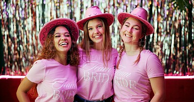 Buy stock photo Women, bachelorette and portrait with party, celebration and get together for bridesmaid event. Excited, friends and smile with love, support and happy for wedding and future commitment for group hug