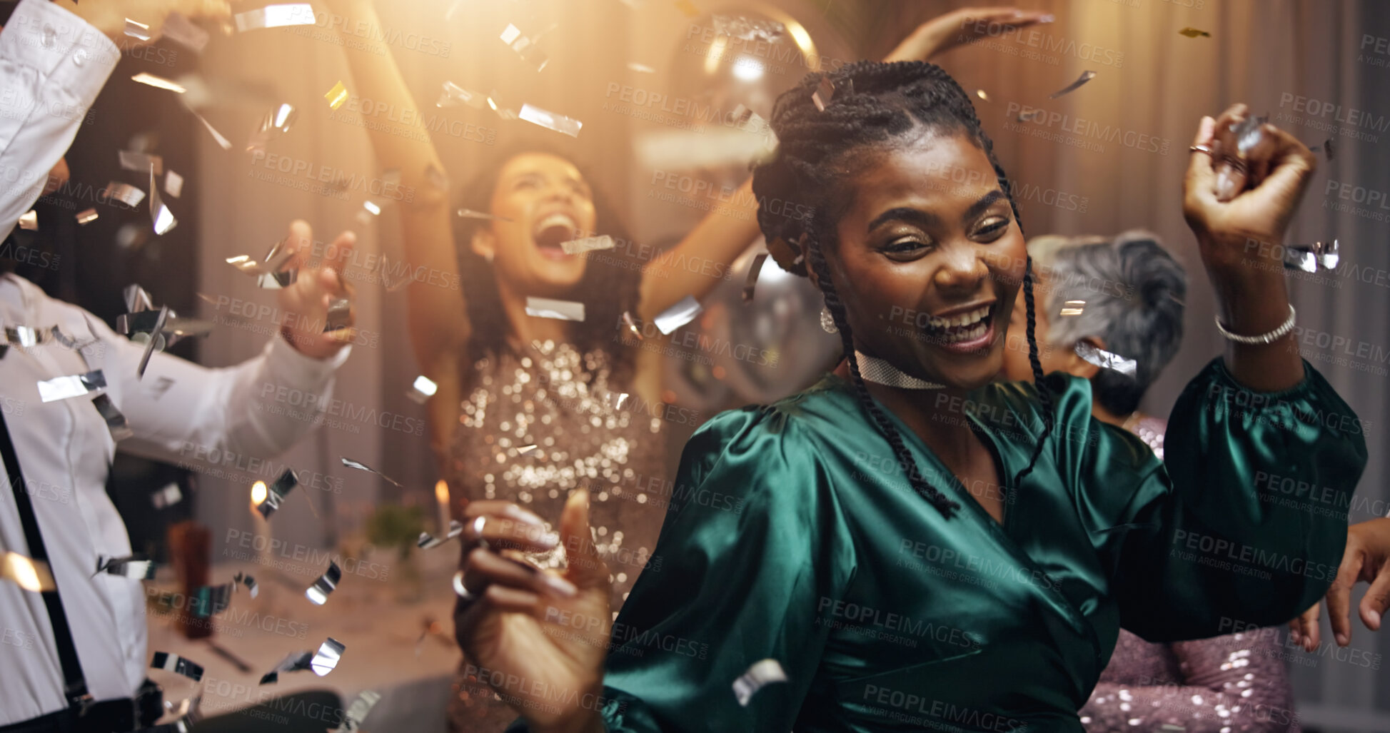 Buy stock photo Woman, dancing and celebration at night, event and happy at new years eve with friends, diversity or colleagues. Business people, group and smile with confetti, glitter and excited for party at gala