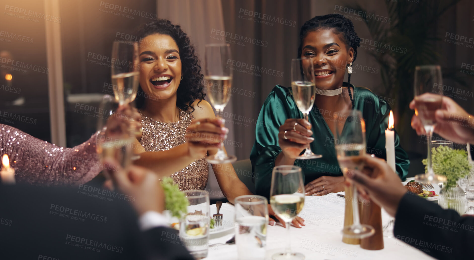 Buy stock photo Business people, dinner and toast champagne at night in celebration, goal or diversity for success with smile at party. Team, drinks and alcohol for cheers, congratulations and new year at gala event