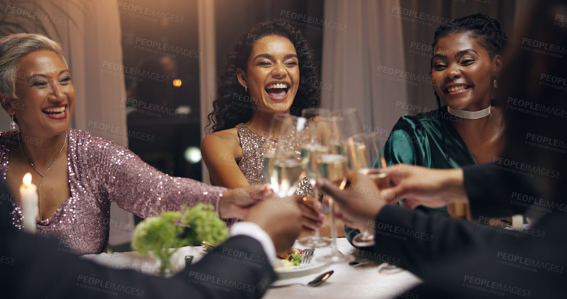 Buy stock photo Business people, happy and toast champagne at party in celebration, goal or diversity for success with smile at night. Women, drinks and alcohol for cheers, congratulations and new year at gala event