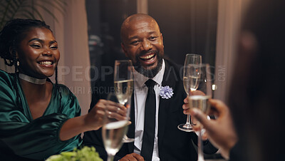 Buy stock photo Business people, excited and toast champagne at party in celebration, goal or diversity for success with smile at night. Team, drinks and alcohol for cheers, congratulations or new year at gala event