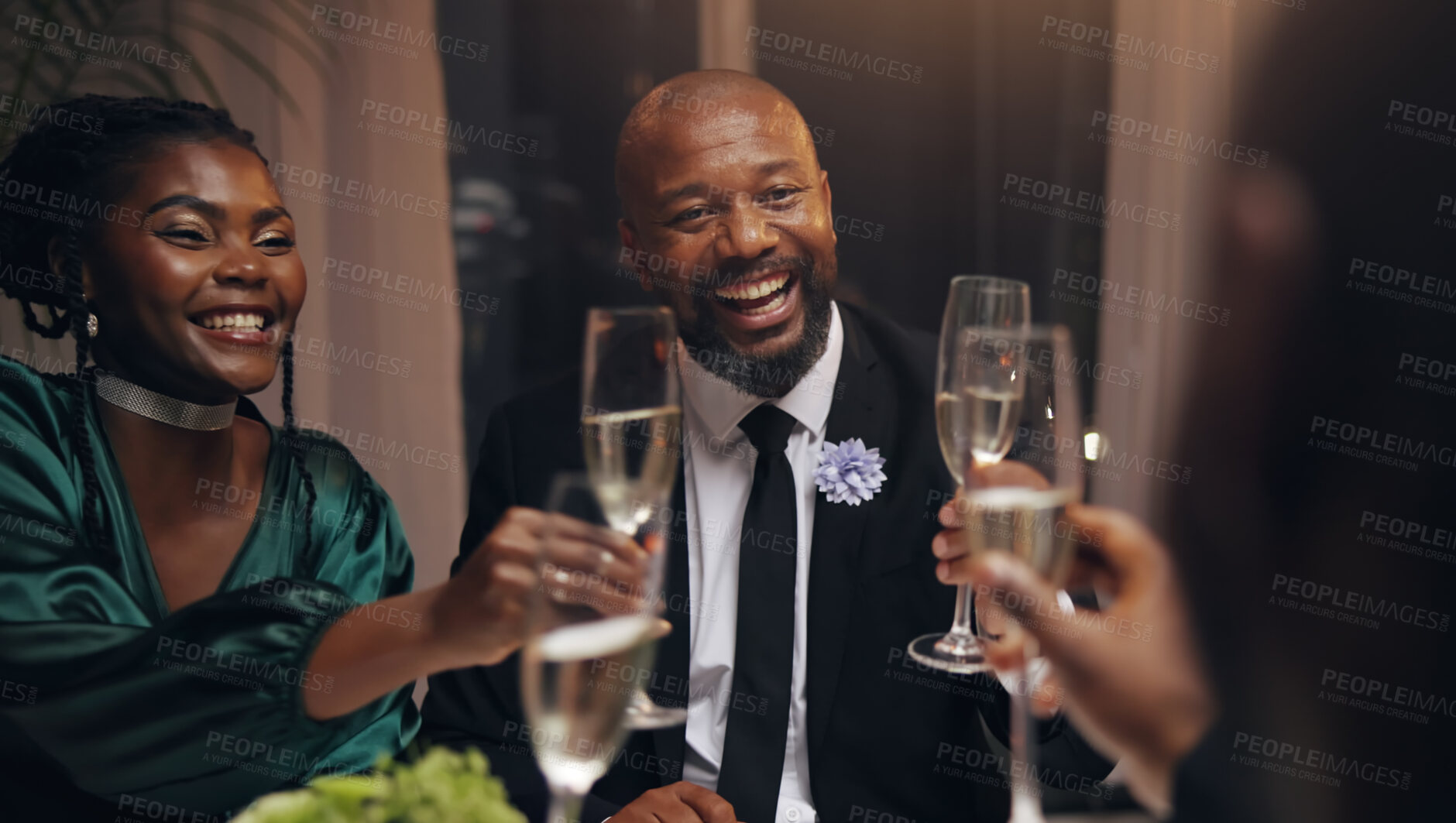 Buy stock photo Business people, excited and toast champagne at party in celebration, goal or diversity for success with smile at night. Team, drinks and alcohol for cheers, congratulations or new year at gala event